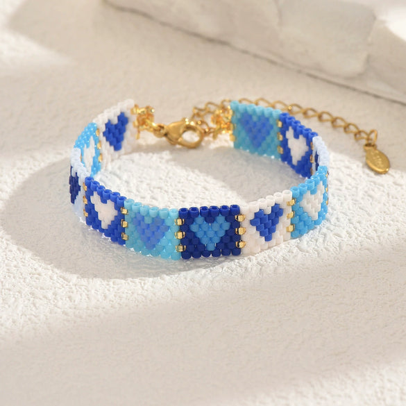 Handwoven Glass And Stainless Steel Heart Bracelet With Colorful Checkered Pattern