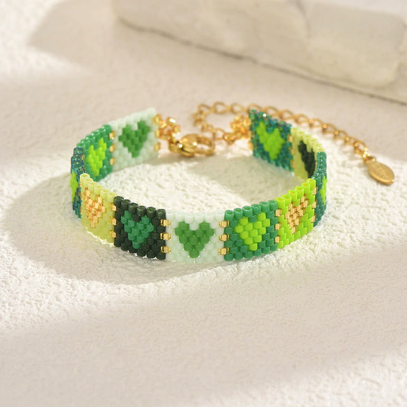 Handwoven Glass And Stainless Steel Heart Bracelet With Colorful Checkered Pattern