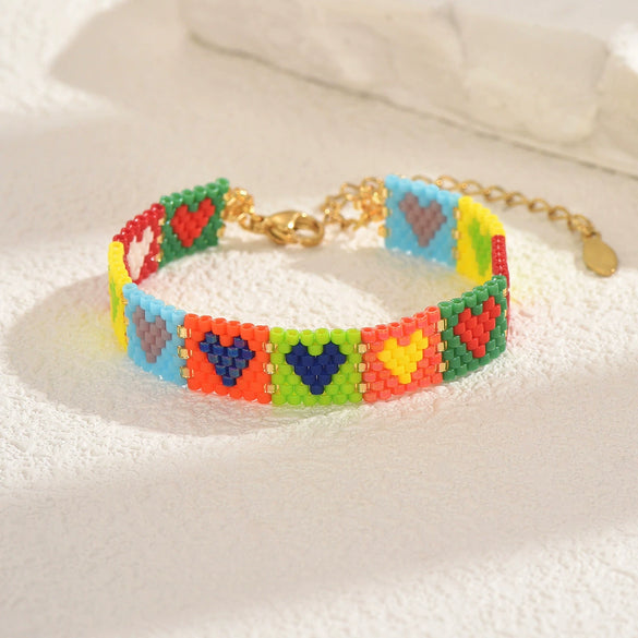 Handwoven Glass And Stainless Steel Heart Bracelet With Colorful Checkered Pattern
