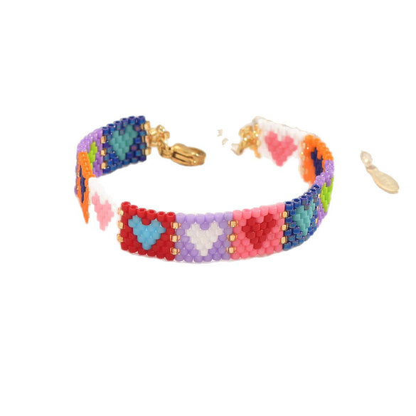 Handwoven Glass And Stainless Steel Heart Bracelet With Colorful Checkered Pattern