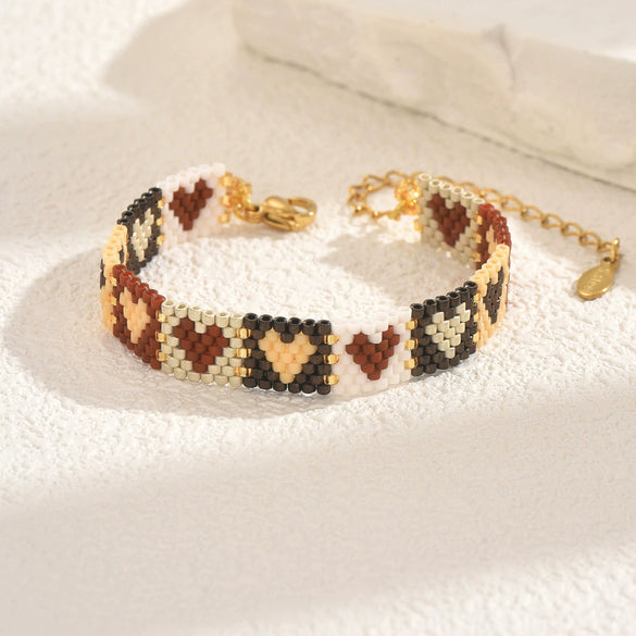 Handwoven Glass And Stainless Steel Heart Bracelet With Colorful Checkered Pattern