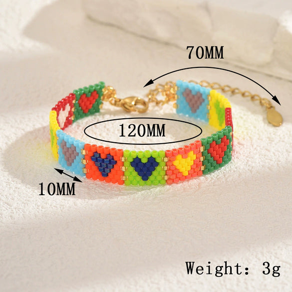 Handwoven Glass And Stainless Steel Heart Bracelet With Colorful Checkered Pattern
