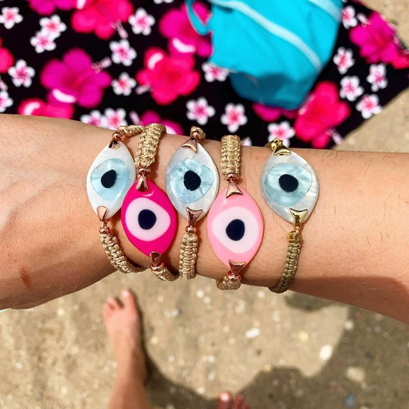 Handwoven Handrope Allmatch Resin Shell Turkish Evil Eye Bracelet For Women With Geometric Pattern And Acrylic Material