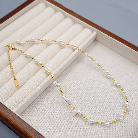 Handwoven Imitation Pearl Cross Chain Geometric Niche Design Women's Neckchain