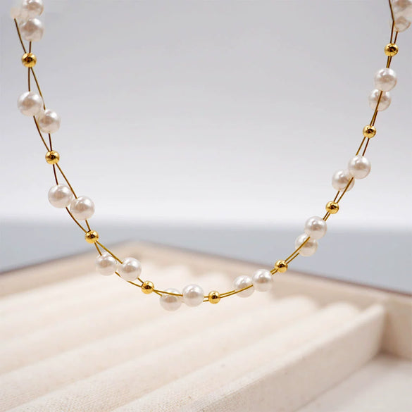 Handwoven Imitation Pearl Cross Chain Geometric Niche Design Women's Neckchain