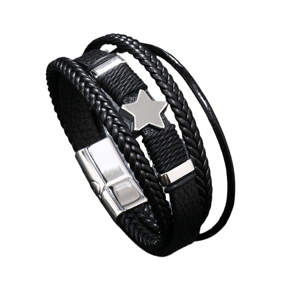 Handwoven Multilayer Leather Bracelet With Star And Fivepointed Star Micropaved For Men And Women