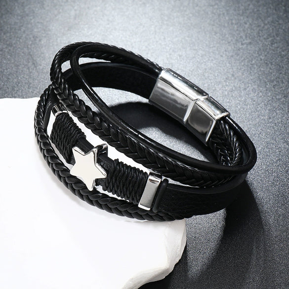 Handwoven Multilayer Leather Bracelet With Star And Fivepointed Star Micropaved For Men And Women