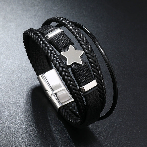 Handwoven Multilayer Leather Bracelet With Star And Fivepointed Star Micropaved For Men And Women