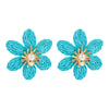 Handwoven Raffia Flower Alloy Diamond Pearl Stud Earrings For Women