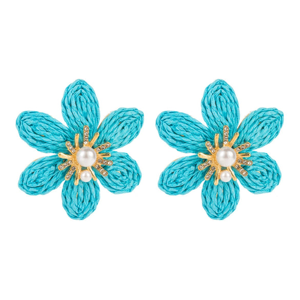 Handwoven Raffia Flower Alloy Diamond Pearl Stud Earrings For Women