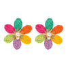 Handwoven Raffia Flower Alloy Diamond Pearl Stud Earrings For Women