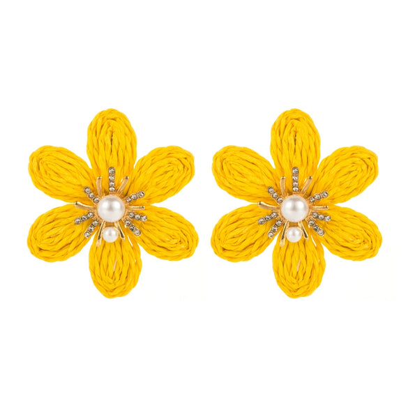 Handwoven Raffia Flower Alloy Diamond Pearl Stud Earrings For Women