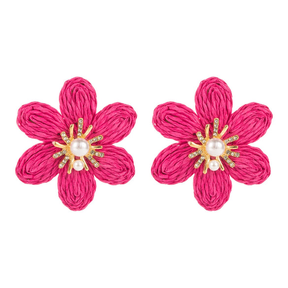 Handwoven Raffia Flower Alloy Diamond Pearl Stud Earrings For Women