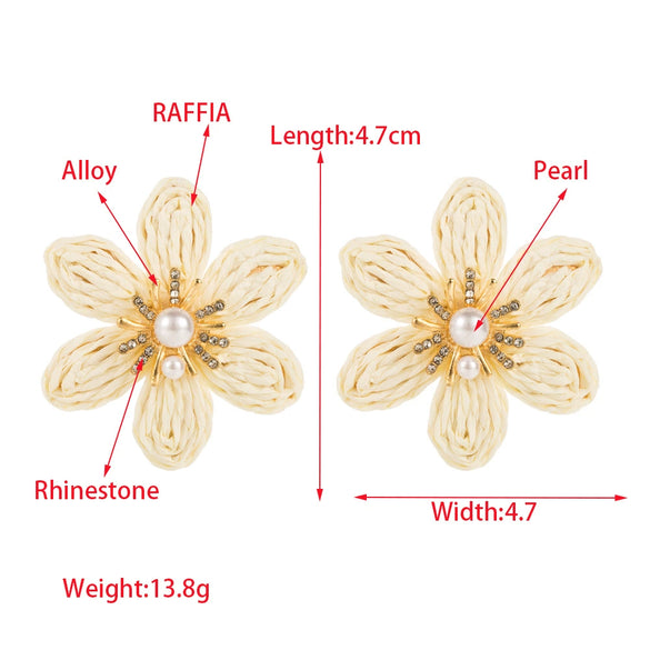 Handwoven Raffia Flower Alloy Diamond Pearl Stud Earrings For Women