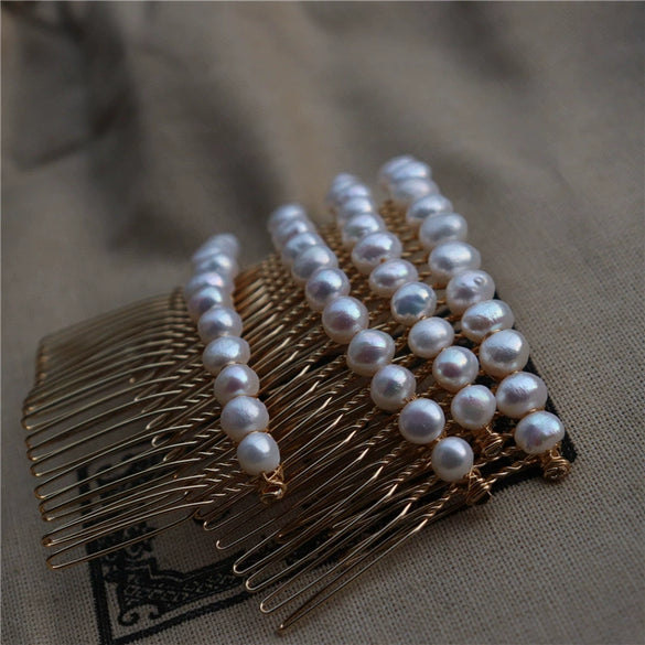 Handwoven Retro Geometric Freshwater Pearl Hair Comb Hairpin With Elegant High Gloss Baroque Style For Women