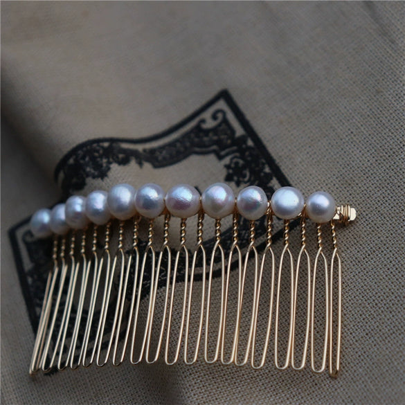 Handwoven Retro Geometric Freshwater Pearl Hair Comb Hairpin With Elegant High Gloss Baroque Style For Women