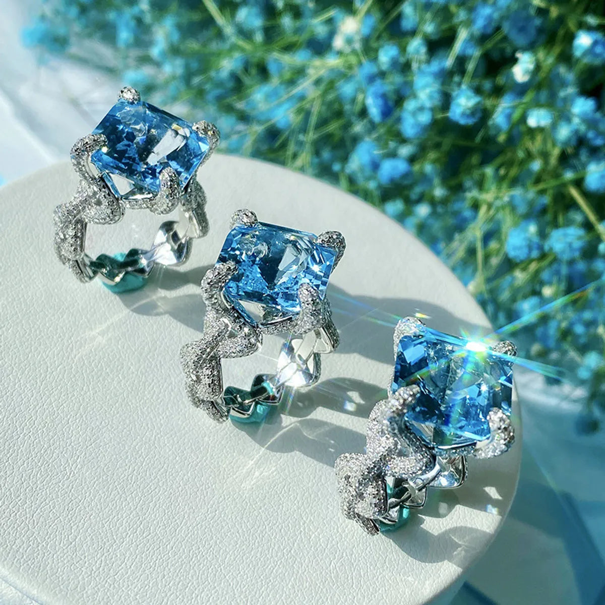 Haute Couture Jewelry Inlay Craft Imitation Natural Aquamarine Topaz Ring