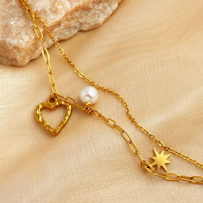 Hawaiian Classic Style IG Style Star Heart Shape 201 Stainless Steel 18K Gold Plated Artificial Pearls Bracelets In Bulk