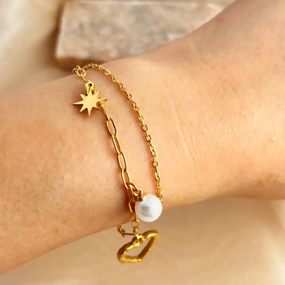 Hawaiian Classic Style IG Style Star Heart Shape 201 Stainless Steel 18K Gold Plated Artificial Pearls Bracelets In Bulk