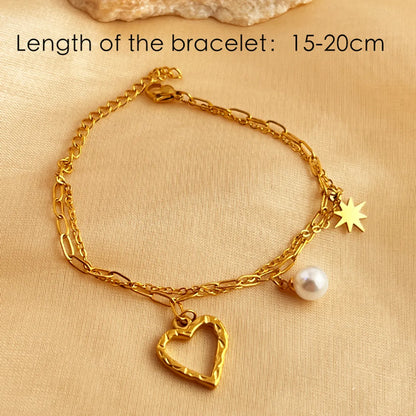 Hawaiian Classic Style IG Style Star Heart Shape 201 Stainless Steel 18K Gold Plated Artificial Pearls Bracelets In Bulk