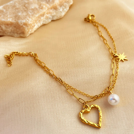 Hawaiian Classic Style IG Style Star Heart Shape 201 Stainless Steel 18K Gold Plated Artificial Pearls Bracelets In Bulk