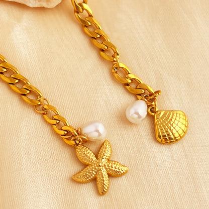 Hawaiian Modern Style Classic Style Scallop Starfish 201 Stainless Steel 18K Gold Plated Artificial Pearls Bracelets In Bulk