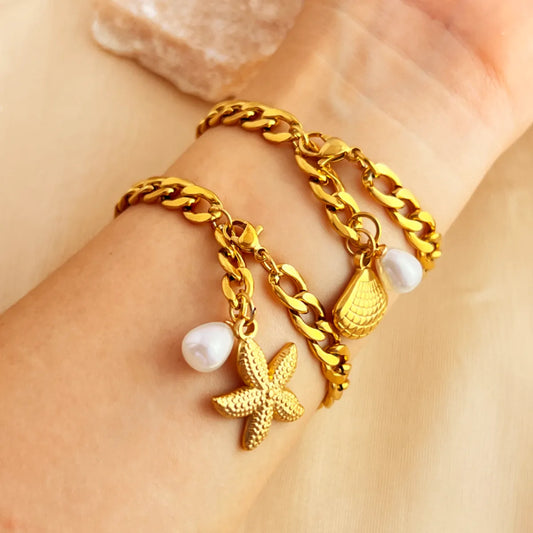 Hawaiian Modern Style Classic Style Scallop Starfish 201 Stainless Steel 18K Gold Plated Artificial Pearls Bracelets In Bulk