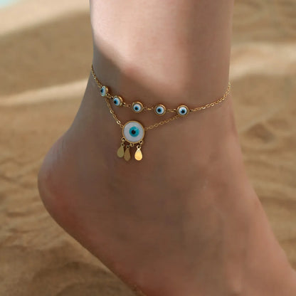 Hawaiian Tropical Cool Style Eye Solid Color Butterfly 304 Stainless Steel Plating Inlay Shell 18K Gold Plated Women'S Anklet