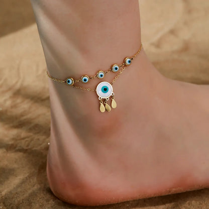 Hawaiian Tropical Cool Style Eye Solid Color Butterfly 304 Stainless Steel Plating Inlay Shell 18K Gold Plated Women'S Anklet