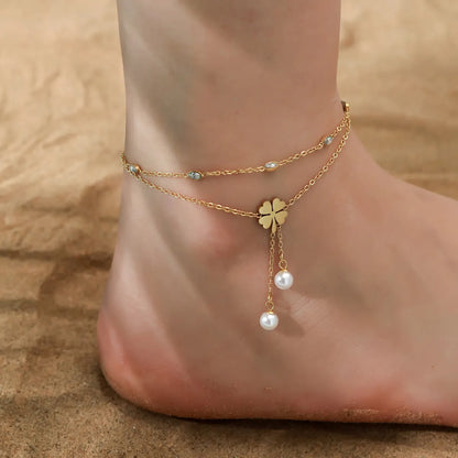 Hawaiian Tropical Cool Style Solid Color 304 Stainless Steel Plating Inlay Shell 18K Gold Plated Women'S Anklet