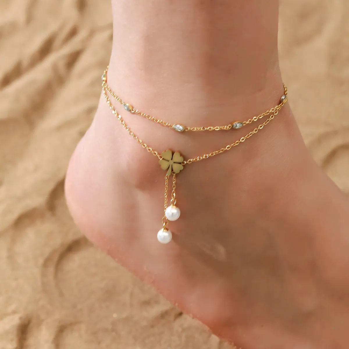 Hawaiian Tropical Cool Style Solid Color 304 Stainless Steel Plating Inlay Shell 18K Gold Plated Women'S Anklet