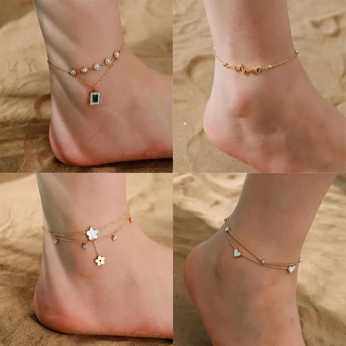 Hawaiian Tropical Solid Color 304 Stainless Steel Plating Inlay Shell 18K Gold Plated Women'S Anklet