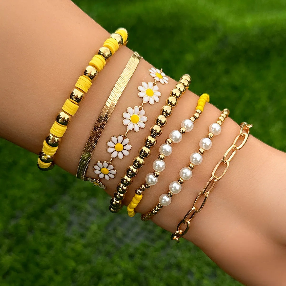 Hawaiian Vacation Beach Irregular Round Flower Ccb Imitation Pearl Soft Clay Beaded Plating Women's Bracelets