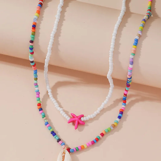 Hawaiian Vacation Bohemian Starfish Shell Beaded Beaded Women'S Double Layer Necklaces Pendant Necklace