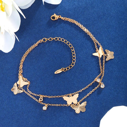 Hawaiian Vacation Geometric Butterfly Copper Tassel Plating Inlay Artificial Gemstones 18K Gold Plated Women'S Anklet