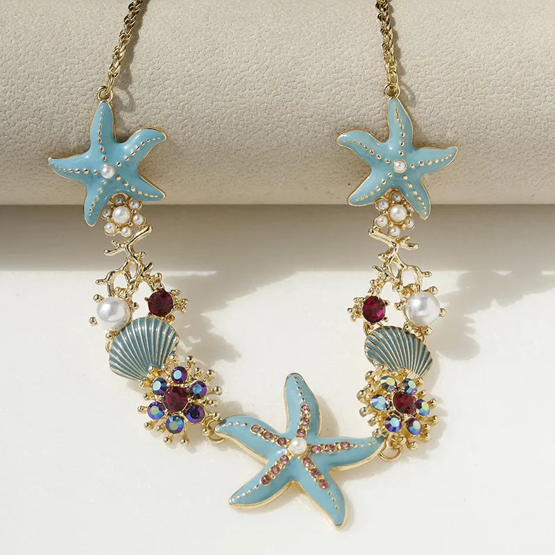 Hawaiian Vacation Marine Style Geometric Scallop Starfish Rhinestones Alloy Wholesale Pendant Necklace