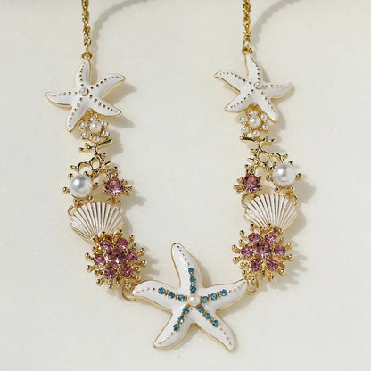 Hawaiian Vacation Marine Style Geometric Scallop Starfish Rhinestones Alloy Wholesale Pendant Necklace