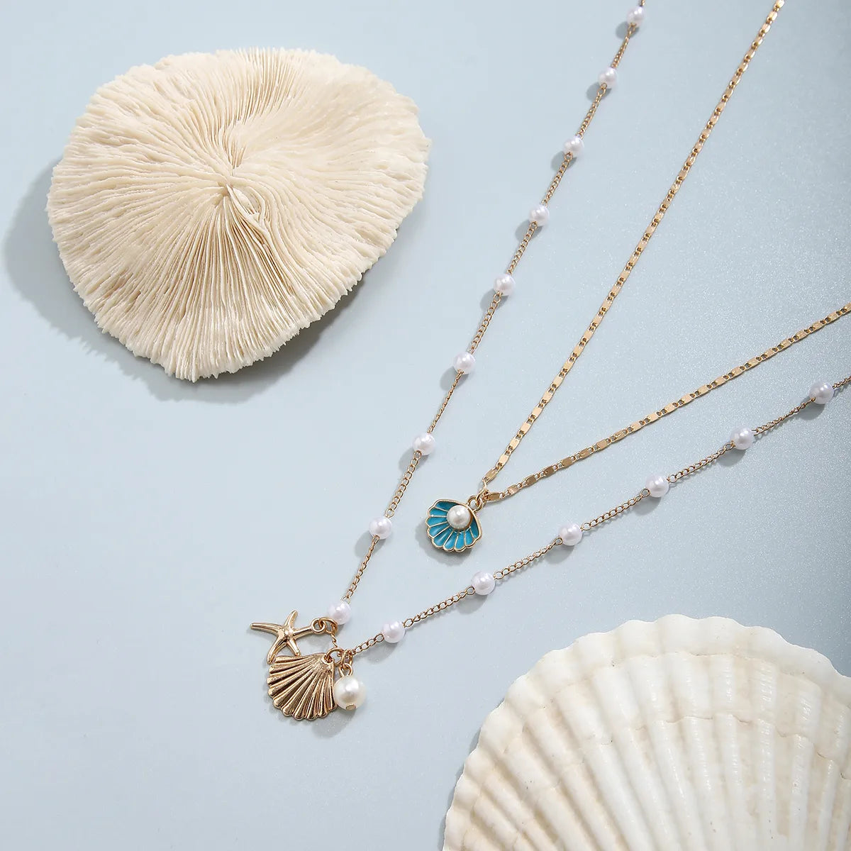 Hawaiian Vacation Marine Style Starfish Shell Imitation Pearl Alloy Copper Women'S Pendant Necklace