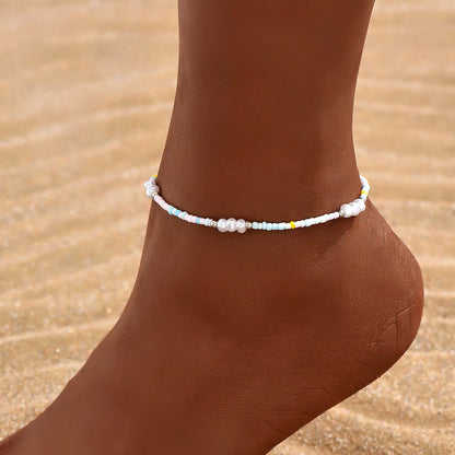 Hawaiian Vacation Multicolor Plastic Ferroalloy Beaded Plating Chain White Gold Plated Women's Anklet