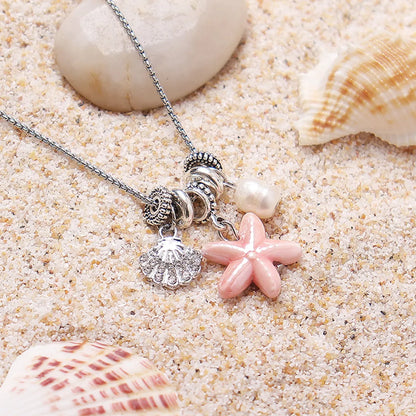 Hawaiian Vacation Starfish Shell Rhinestones Artificial Pearl Titanium Steel Ceramics Wholesale