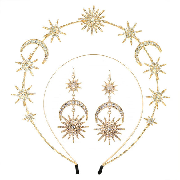 Headband Crown And Earrings Alloy Handmade Bohemian Sun Moon Sixpointed Star Women's Fashion Accessories