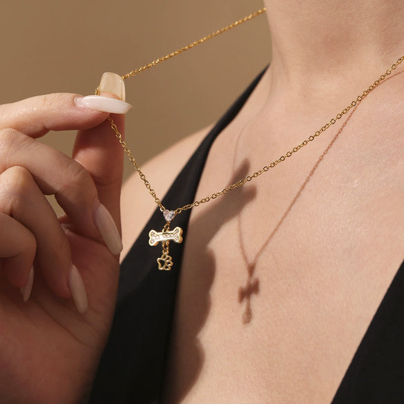 Heart Bone Zircon Pendant Stacked Clavicle Necklace Bracelet Set In Stainless Steel With Electroplating For Women