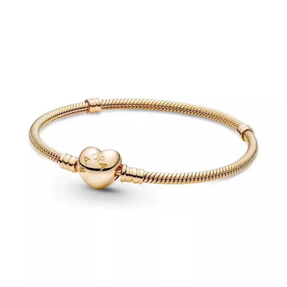 Heart Shape Clasp Plated Copper Snake Chain Beaded Bracelet Plain Engraved Style Couple Bracelet For Women And Men