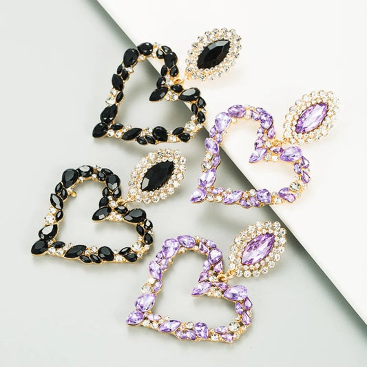 Heart-shaped Alloy Inlaid Rhinestone Retro Exaggerated Earrings