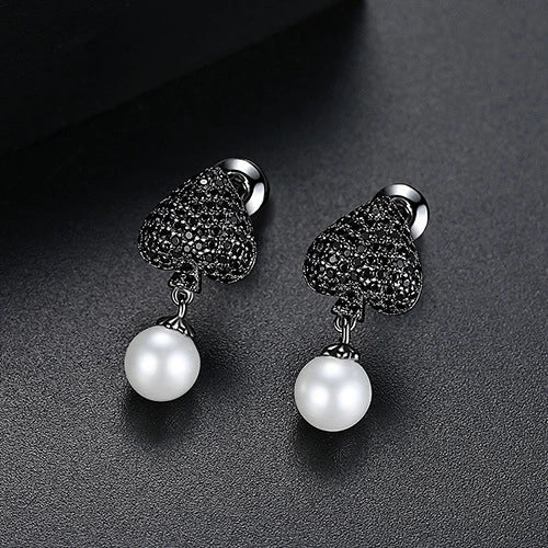 Heart Shaped Copper Pearl Earrings With Crystal Zircon Accents Electroplated Fashion Jewelry For Women Wholesale