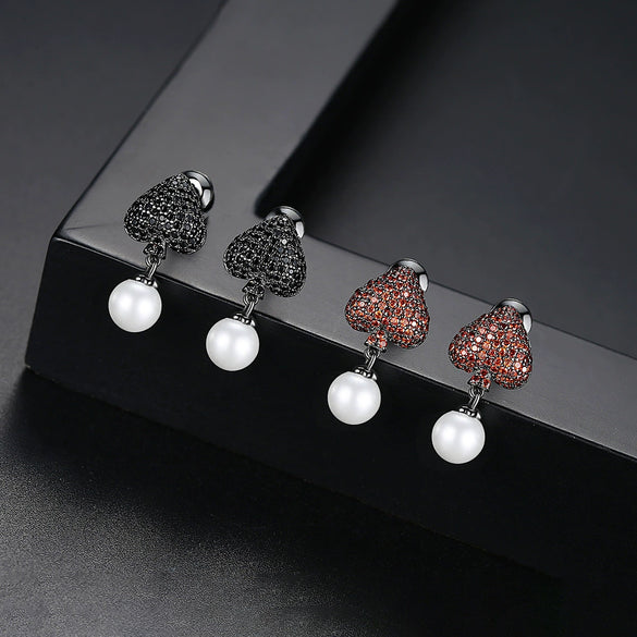 Heart Shaped Copper Pearl Earrings With Crystal Zircon Accents Electroplated Fashion Jewelry For Women Wholesale