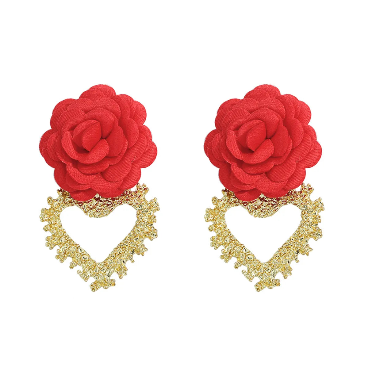 Heart-Shaped Fabric Flower Earrings