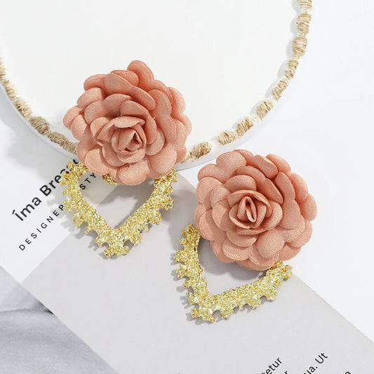 Heart-Shaped Fabric Flower Earrings