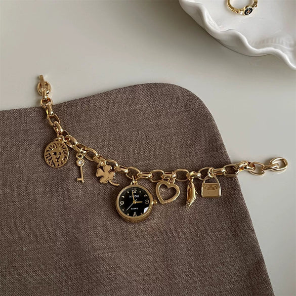 Heart Shaped Pendant Chain Bracelet Watch For Women Alloy Case Round Dial Spiral Crown Creative Personality