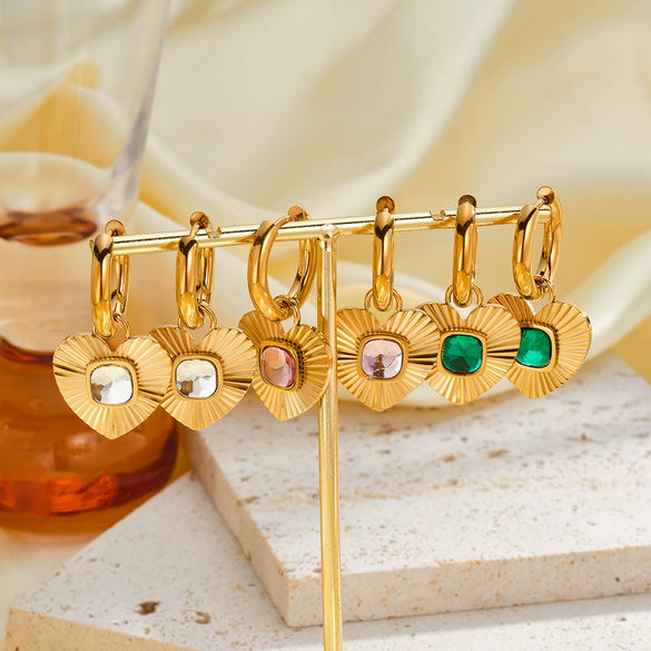 Heart Shaped Stainless Steel Earrings With Rhinestone Inlay And 18K Gold Vacuum Plating For Women